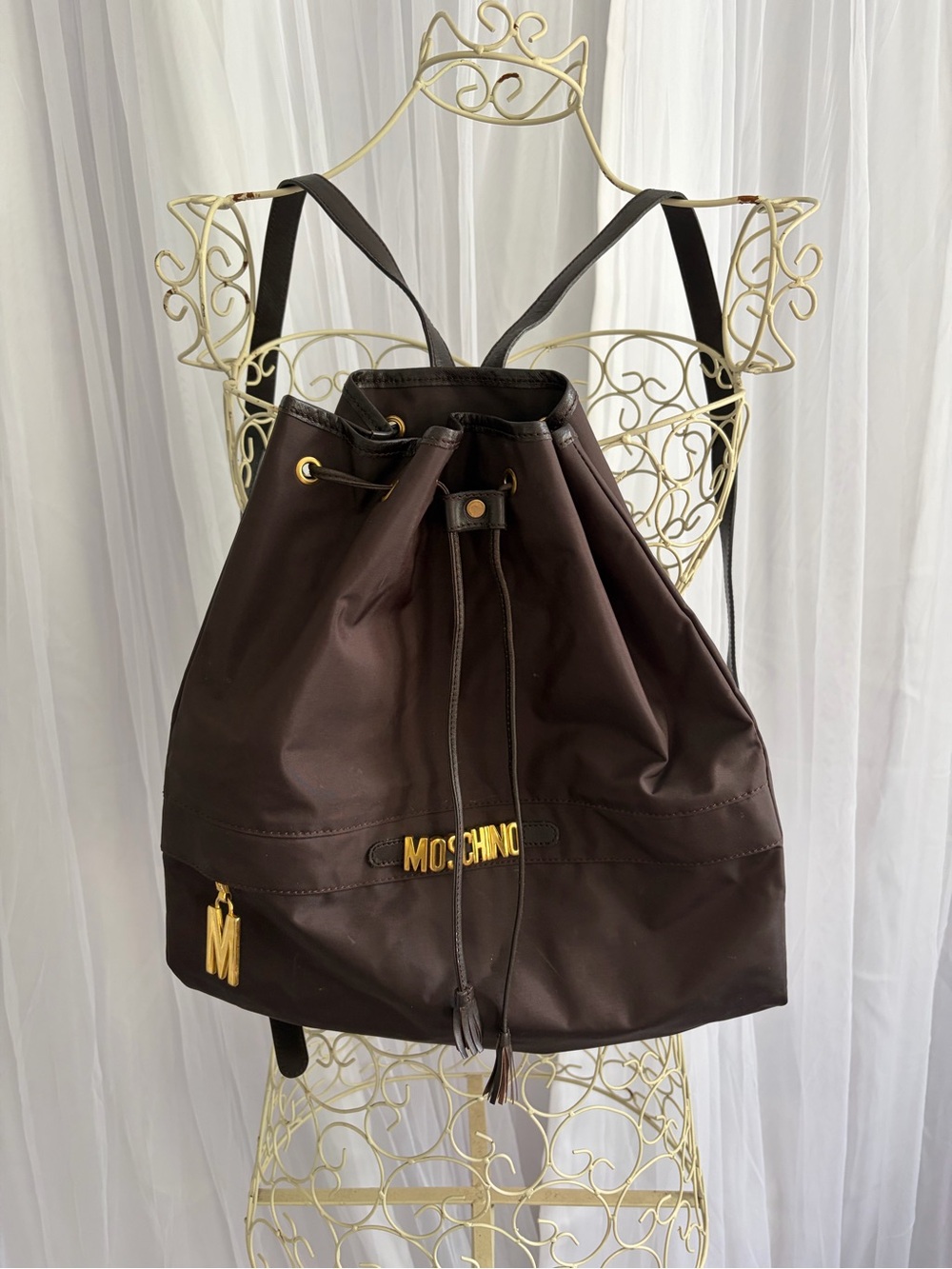 Moschino Brown Nylon Drawstring Backpack with Gold Hardware